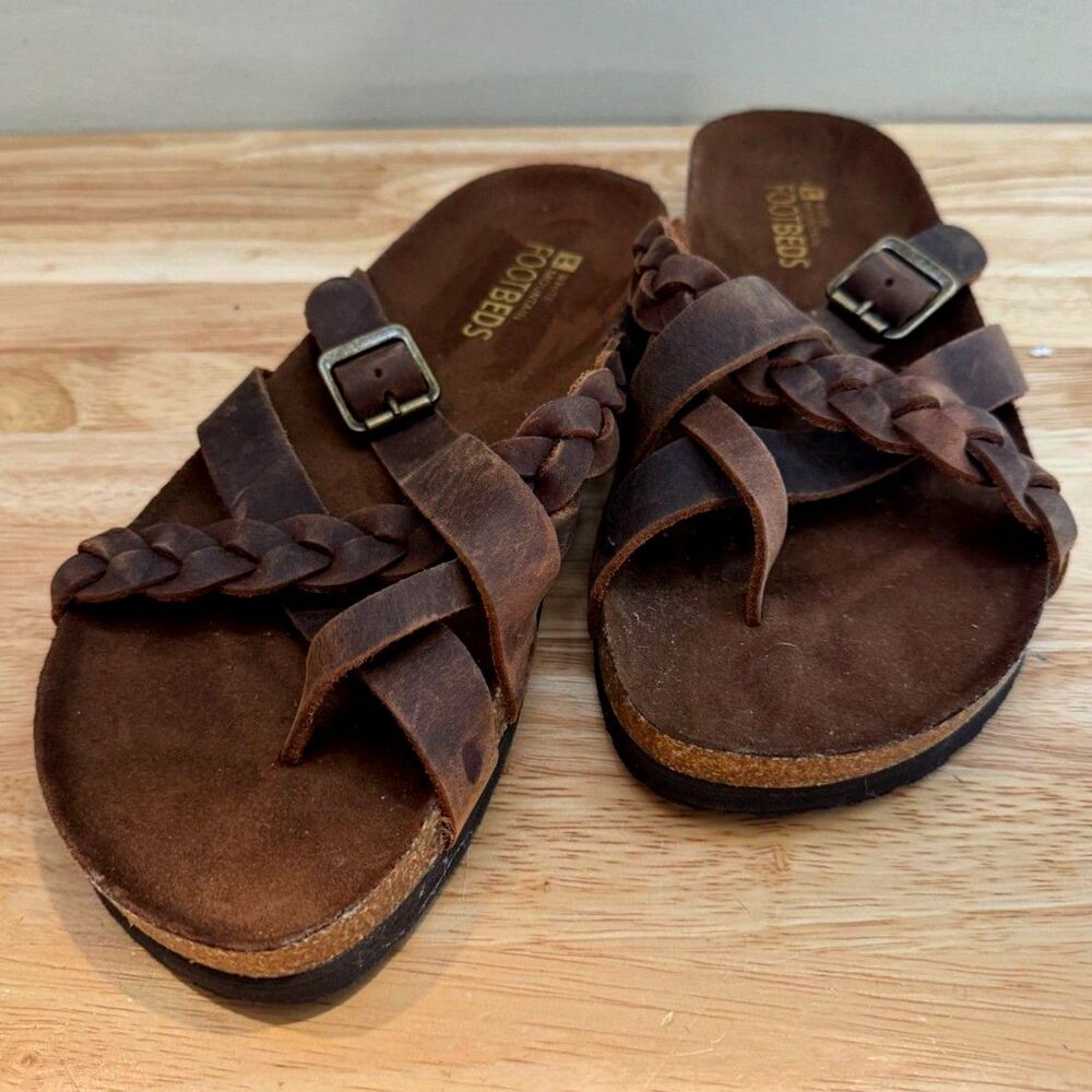 NWOB White Mountain Sandals Women's 8M Leather Footbed Slip-On Thong Dark Brown